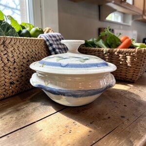 Hand-painted studio pottery casserole dish with lid and handles